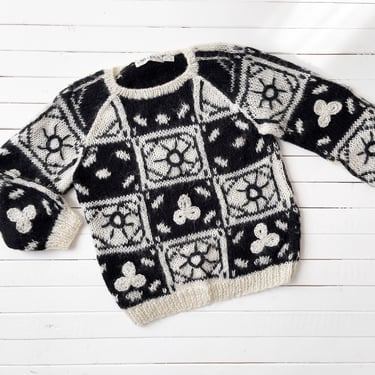 black embroidered sweater | 80s 90s vintage black white clover sun oversized chunky fuzzy patchwork wool sweater 