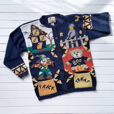 Halloween sweater 90s vintage Crystal Kobe scarecrow bear cat hand knit cardigan 