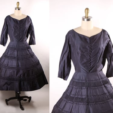 1950s Navy Blue 3/4 Length Sleeve Button Detail Fit and Flare Formal Dress -M 