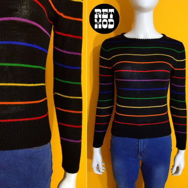 Cute Vintage 70s 80s Black Rainbow Stripe Pullover Sweater 