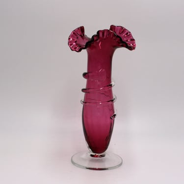vintage fenton cranberry glass vase with clear base and ruffled edge 