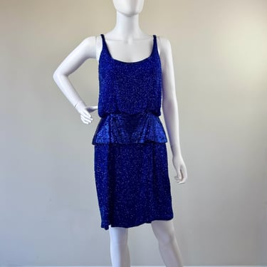1980s Oleg Cassini Royal Blue Beaded Dress 