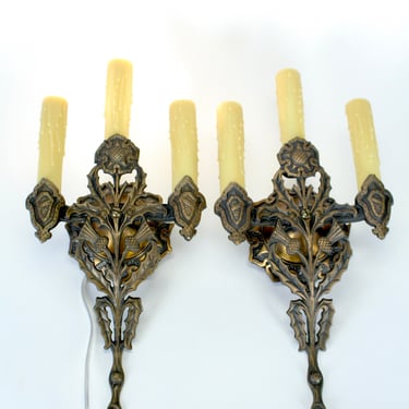 PAIR Solid Bronze Thistle and Shield Sconces #2217 FREE SHIPPING 