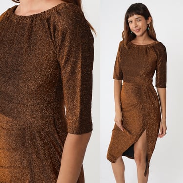 Metallic Brown Dress Y2K Party Dress High Slit Glitter 1/2 Short Sleeve Faux Wrap Sheath Tight Midi Cocktail Vintage 00s Sparkly Small S 