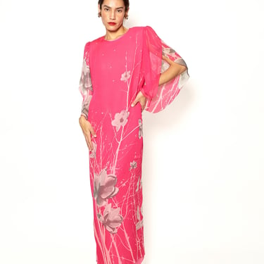 Vintage Hanae Mori Silk Chiffon Floral Print Petal Sleeve Dress 