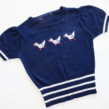 Vintage 70s Duck Knit Blouse XS S - 1970s Bird Pattern Navy Blue Knitted Puff Sleeve Shirt - Kawaii Cute Style 