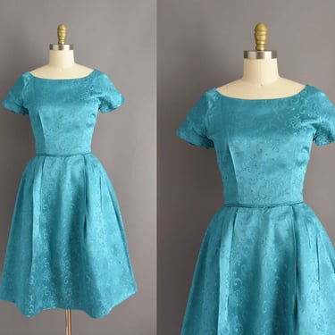 1950s dress | Gorgeous Turquoise Blue Silk Bridesmaid Full Skirt Cocktail Party Dress | Small | 50s vintage dress 