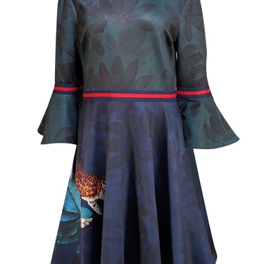 Ted Baker - Green &amp; Navy Floral Multi Print Mini Dress Sz 12