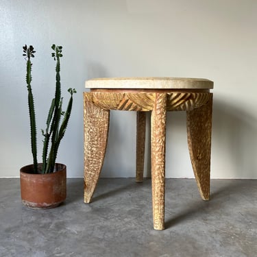 Henredon Cerused  Carved Pine Wood Side Table W/ Faux Coral Stone Top 