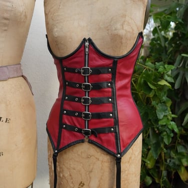 Leather 1980's Corset Top / Red Leather Bustier / Cupless Bustier / Biker Babe / Sexy Leather Daddy / Black and Red / Trashy Lingerie 
