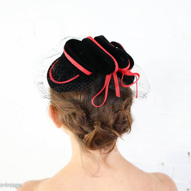 1950s Black Velvet Hat | 50s Black & Red Hat | Miss Sally Victor 