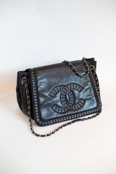 Vintage CHANEL Black Quilted Leather Timeless Accordion Flap Bag Shoulder, Backroom Clothing