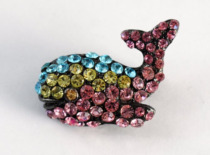 60's gunmetal rhinestone smiling whale brooch, whimsical multi-colored glass mid-century sea mammal bling pin 