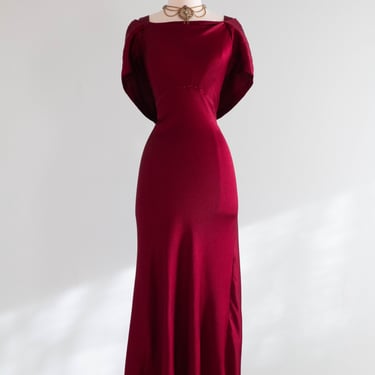 Stunning 1930's Satin Crepe Bias Cut Evening Gown In Crimson / SM