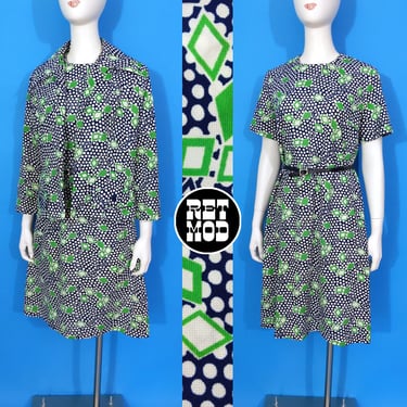 Geometric Vintage 60s 70s Navy Blue, Green, White Patterned Dress Set with Matching Jacket & Belt 