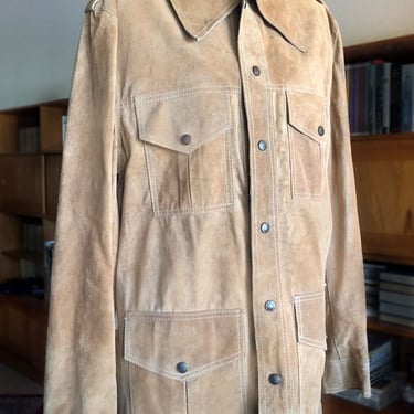 70's Vintage Mens Tan SUEDE Leather Jacket Shirt, HIPPIE, 1970s, 1960s Coat 
