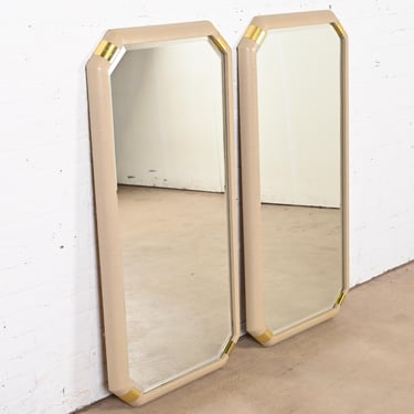 Romweber Hollywood Regency Chinoiserie Lacquered Grasscloth and Brass Wall Mirrors, Pair