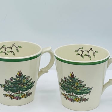 RARE Pair of vintage Coffee Mug classic Christmas Tree china pattern  England Blue Stamp 