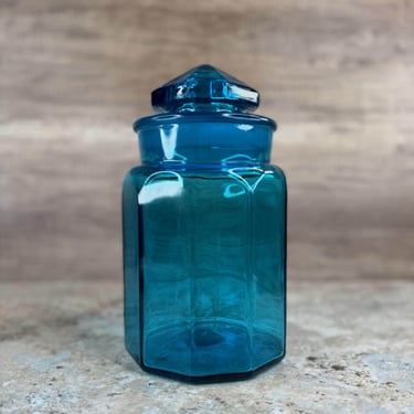 Vintage MCM LE Smith 10-Panel Blue Glass Jar Lidded Canister Apothecary Jar for Storage or Decoration 