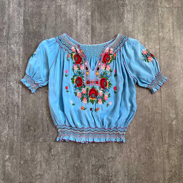 1930s blue silk Hungarian embroidered blouse . size xs to small 