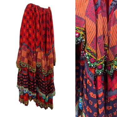 Vtg Vintage 1970s 70s Indian Boho Festival Ornate Tiered Mirrored Maxi Skirt 