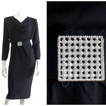 Vintage 1980s Black Cowl Neck Dress | Rhinestone Buckle Belt 