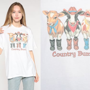 Country Cow Shirt Country Bums Shirt Graphic Tee Vintage 90s Tshirt Rodeo Animal Tee 1990s Print White Crewneck Large L 