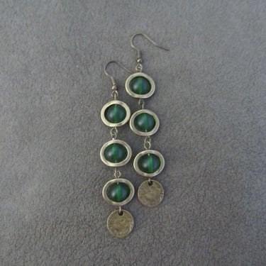 Long bohemian green frosted glass and bronze earrings 