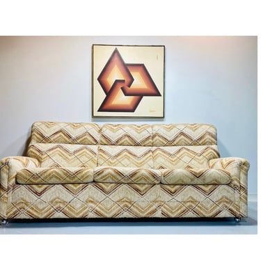 Mid Century Modern Geometric Herculon High Back Sofa in the Style of Jack Lenor Larson and Milo Baughman for Thayer Coggin 