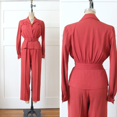 vintage 1940s women's pants suit • coral gabardine belted back jacket & side button trousers 