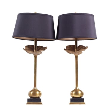 Currey and Co Brass Flower Petal Table Lamps - Pair 