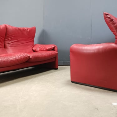 Leather Maralunga sofa set by Vico Magistretti for Cassina, 1980s - vintage maralunga sofa set - red leather maralunga sofas 