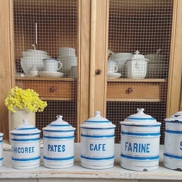 Beautiful vintage France set of 6 enamelware canister, spices pots 