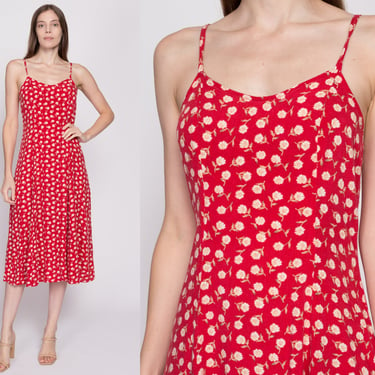 Small 90s Boho Red Daisy Floral Sundress | Vintage Sleeveless Sweetheart Neck Midi Grunge Dress 