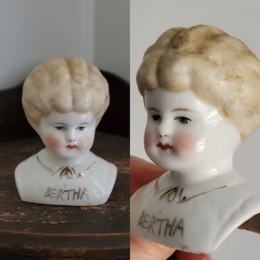 Miniature Antique German Pet Name Bertha Doll Head with Blonde Hair - 3