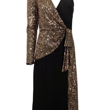 BCBG Max Azria - Black & Copper Sequin One Sleeve w/ Slit Midi Dress Sz S