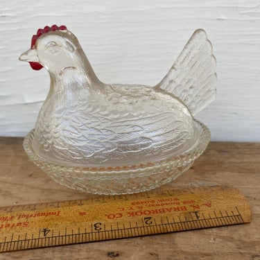 Vintage Glass Chicken Dish With Lid, Maybe Indiana Glass, Clear Glass Hen, Farmhouse, Small Size, Chicken Lover, Ring Dish 