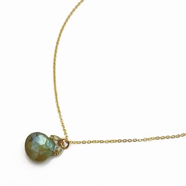 Danielle Welmond | Woven Gold Cord Necklace w/ Labradorite Drop and Beads on Gold Filled Chain