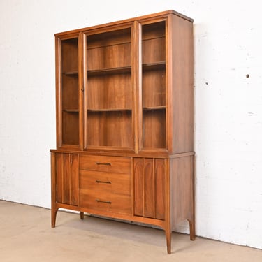 Broyhill Brasilia Style Sculpted Walnut Breakfront Bookcase or China Cabinet, Circa 1960s