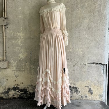 Vintage 1930s Pink & White Cotton Net Tiered Ruffle Dress Maxi Bo Peep Ruching