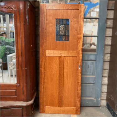 Shaker Panel Pocket Door with Stained Glass Window and Hardware