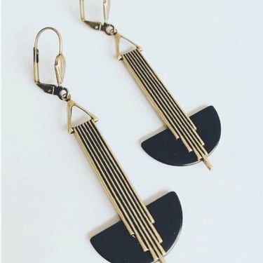 Art Deco earrings Black Phenolic Bakelite & Gold  'Odeonesque' Geometric  jazz age modernist bakelite vintage earrings bengel style earrings by BakeliteBa