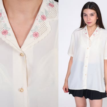 White Embroidered Blouse 80s 90s Floral Collar Top Pearl Button Up Shirt Short Sleeve Collared Victorian Blouse Vintage 1980s Medium Large 