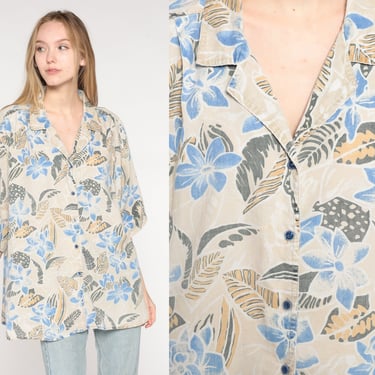 90s Tropical Floral Blouse Beige Button Up Shirt Summer Top Short Sleeve Top 1990s Vintage Blue Plus Size 3xl xxxl 3x 