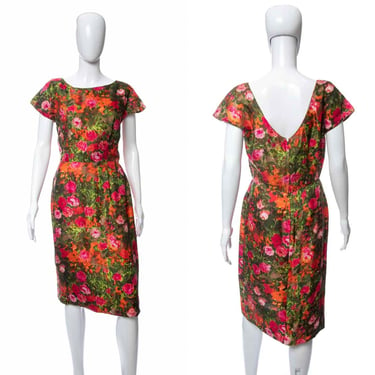 1960's Lloyd Weill Multicolor Rose Printed Knee-Length Dress Size M