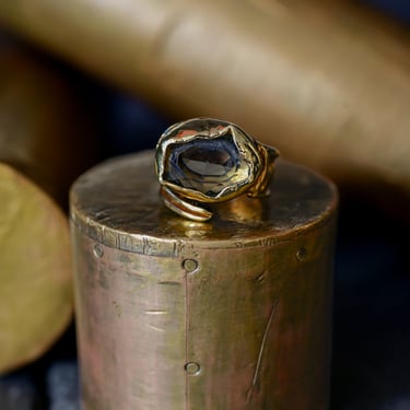 24k Gold Plated Brass and Round Smokey Cut Glass Ring