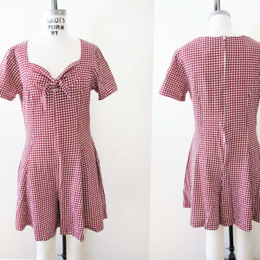 90s Red Gingham Plaid Romper M L  - Vintage 1990s Grunge Womens One Piece Playsuit 