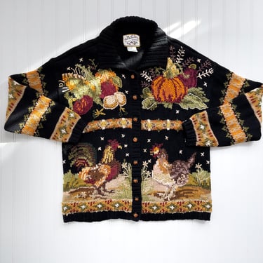 cottagecore sweater 90s vintage black chicken farm hand knit embroidered cardigan 