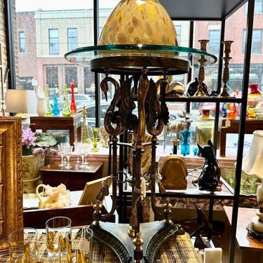 Wilhelm Sommer style European Grand Tour figural brass/bronze stand with bevel glass top for pick up only -approx 26t x18.25