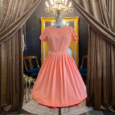 1950s summer dress, fit and flare, vintage 50s dress, full skirt, sherbert orange cotton, small, mrs maisel style, 26 27 waist, rockabilly 
